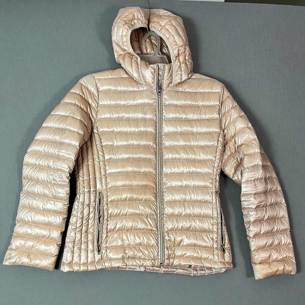 Calvin Klein Puffer Jacket Large Rose Gold Packable Down Hooded Metallic GOOD